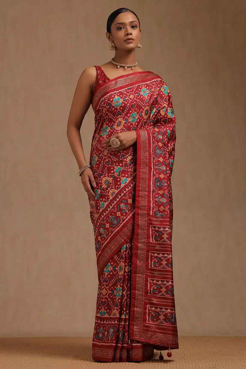 Maroon Dola Silk Patola Print Saree With Stone Work